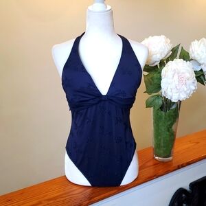 Ralph Lauren Navy Blue Floral Embroiderd Halter Swimsuit Size 14